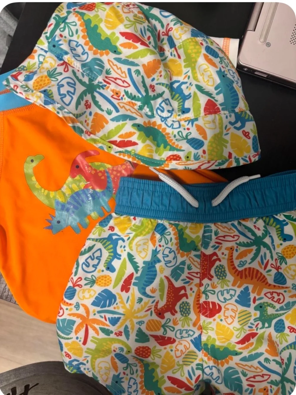 Flapdoodles Orange & Teal Dinosaur Bib and Swim Shorts Set